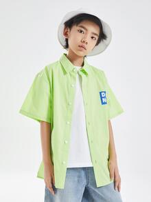 男大童日式翻領短袖T恤休閒字母印花夏季襯衫 - 青檸色 - 查看 6