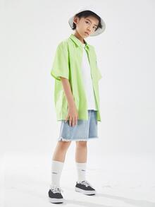 男大童日式翻領短袖T恤休閒字母印花夏季襯衫 - 青檸色 - 查看 3