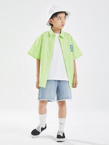 男大童日式翻領短袖T恤休閒字母印花夏季襯衫 - 青檸色 - 查看 2