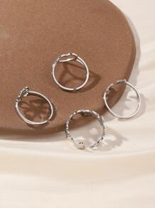 4pcs Stainless Steel And Silver Five-Leaf Clover, Heart, Butterfly Pattern Fashion Simple Open And Close Women's Ring Set Valentines - Silver - View 2