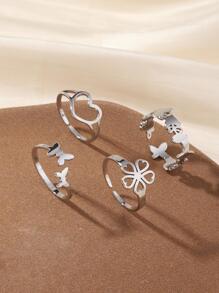 4pcs Stainless Steel And Silver Five-Leaf Clover, Heart, Butterfly Pattern Fashion Simple Open And Close Women's Ring Set Valentines - Silver - View 1