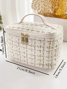 1 túi đựng đồ trang điểm vuông họa tiết kẻ caro thiết kế bện, túi đựng mỹ phẩm cỡ lớn di động màu trắng cho du lịch ngoài trời - trắng - Xem 6