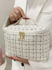 1 túi đựng đồ trang điểm vuông họa tiết kẻ caro thiết kế bện, túi đựng mỹ phẩm cỡ lớn di động màu trắng cho du lịch ngoài trời - trắng - Xem 8