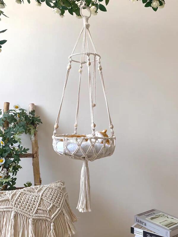 Handmade Woven Cat Hanging Basket Wall Decor, Bohemian Tassel Ornament