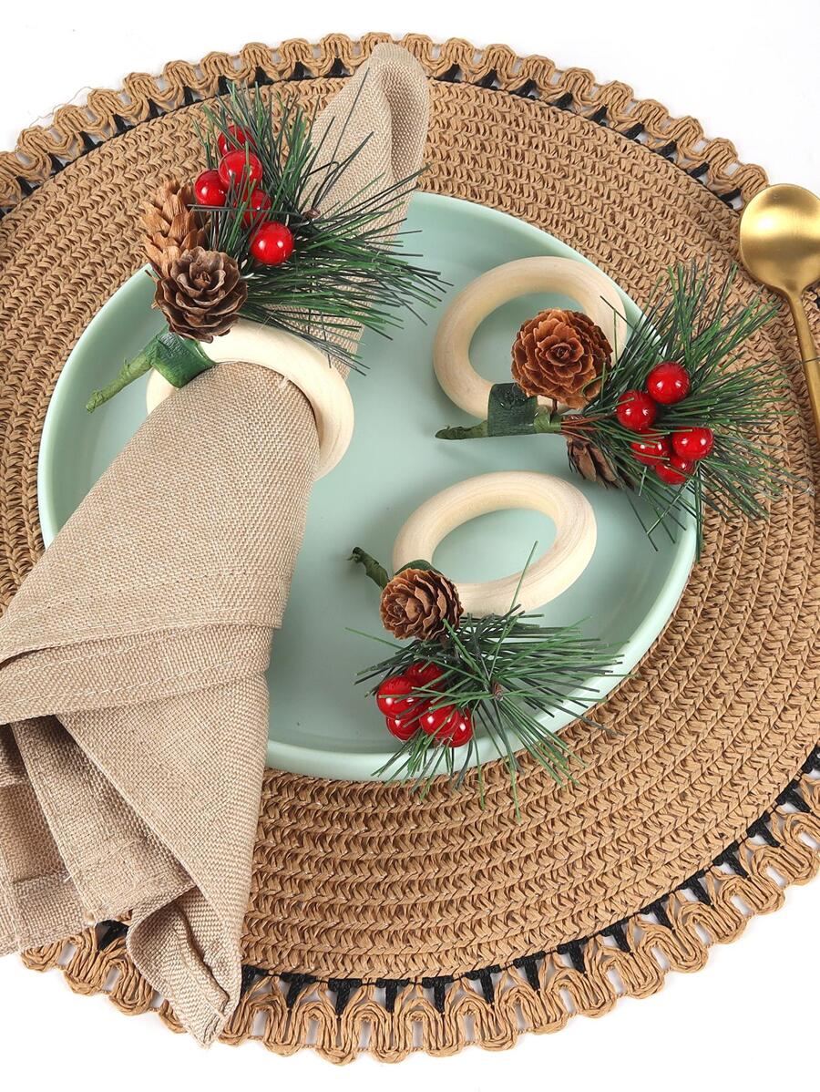 4pcs Hotel/home/farmhouse/festival/celebration/dating/party/decorative Tree Circle Pine Cone & Red Fruit Napkin Ring From Forest Series