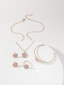 5pcs/set Multicolor Rhinestone Decor Flower Shaped Jewelry Set For Women, Including Earrings, Ring, Necklace, Bracelet - Baby Pink - View 2