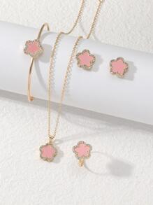 5pcs/set Multicolor Rhinestone Decor Flower Shaped Jewelry Set For Women, Including Earrings, Ring, Necklace, Bracelet - Baby Pink - View 1