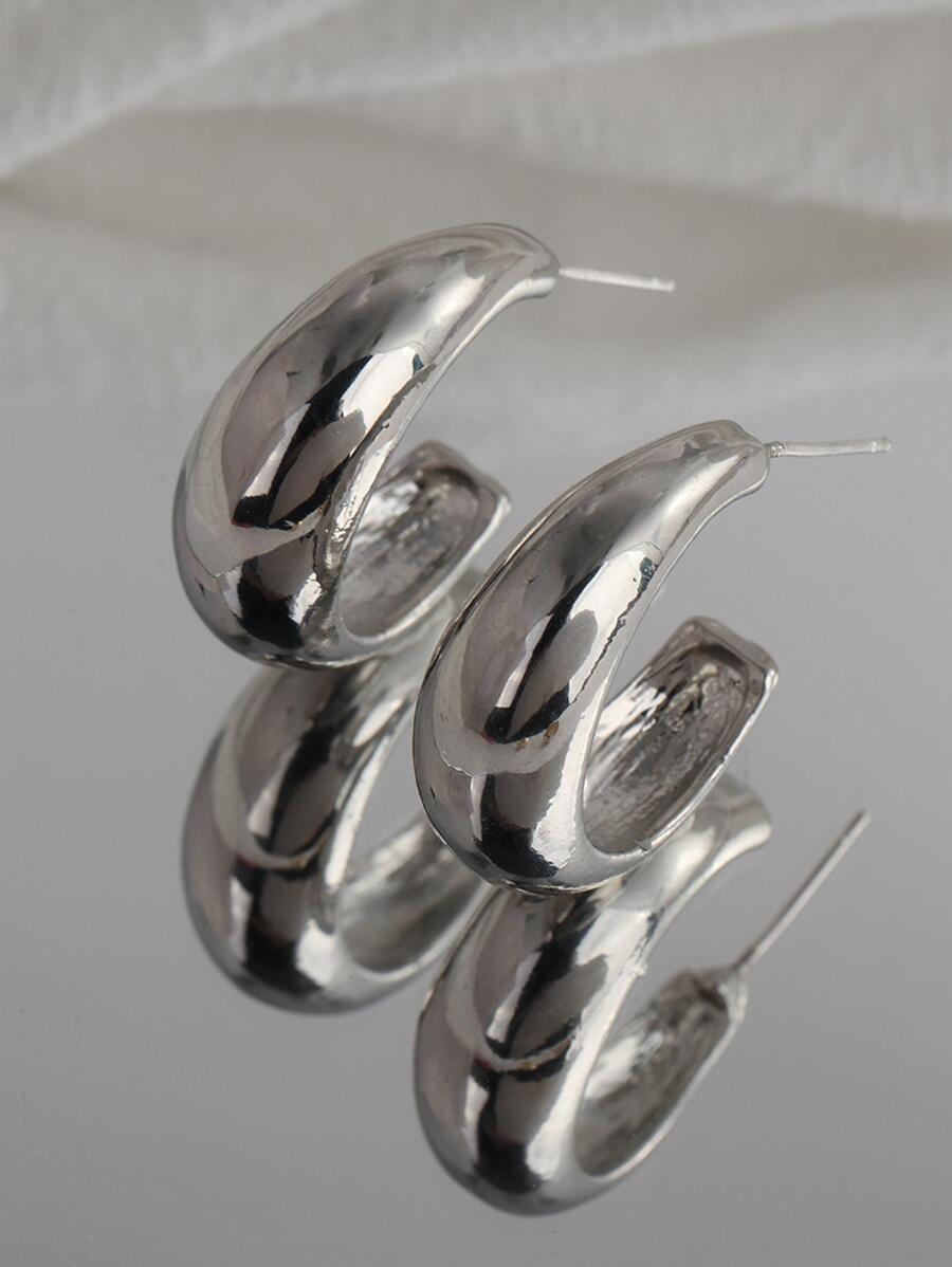 1 Chunky Hình Chữ C Màu Bạc Đôi Khuyên Tai Vòng Cho Nữ Bông Tai Đinh Đơn Giản Thanh Lịch Bông Tai Trang Sức Quà Tặng - Bạc - Xem 1