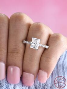 Cici Color 1 pieza Anillo blanco rectangular en forma de artificial moissanita compromiso/boda - Plateado - Ver 1