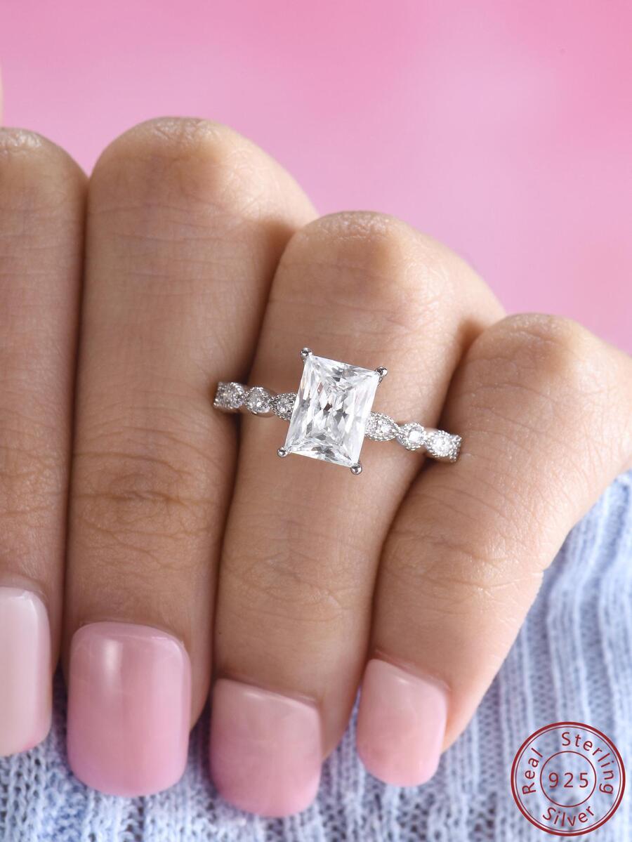 Cici Color 1 pieza Anillo blanco rectangular en forma de artificial moissanita compromiso/boda - Plateado - Ver 1