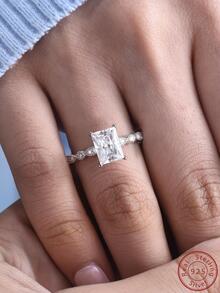 Cici Color 1 pieza Anillo blanco rectangular en forma de artificial moissanita compromiso/boda - Plateado - Ver 3