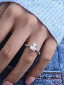 Cici Color 1 pieza Anillo blanco rectangular en forma de artificial moissanita compromiso/boda - Plateado - Ver 4