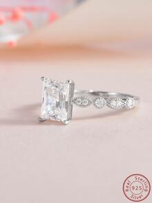 Cici Color 1 pieza Anillo blanco rectangular en forma de artificial moissanita compromiso/boda - Plateado - Ver 7