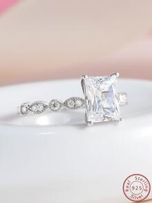 Cici Color 1 pieza Anillo blanco rectangular en forma de artificial moissanita compromiso/boda - Plateado - Ver 8