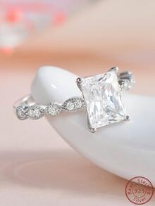 Cici Color 1 pieza Anillo blanco rectangular en forma de artificial moissanita compromiso/boda - Plateado - Ver 9