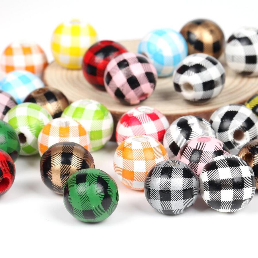 20入組/套16MM天然木珠子彩色線格條紋圓木珠子適用於珠寶製作DIY配件