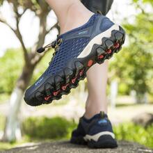 Men Breathable Color Block Drawstring Design Hiking Shoes, Sporty Outdoor Polyester Sneakers - Blue - View 8