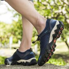 Men Breathable Color Block Drawstring Design Hiking Shoes, Sporty Outdoor Polyester Sneakers - Blue - View 4