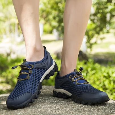 Men Breathable Color Block Drawstring Design Hiking Shoes, Sporty Outdoor Polyester Sneakers