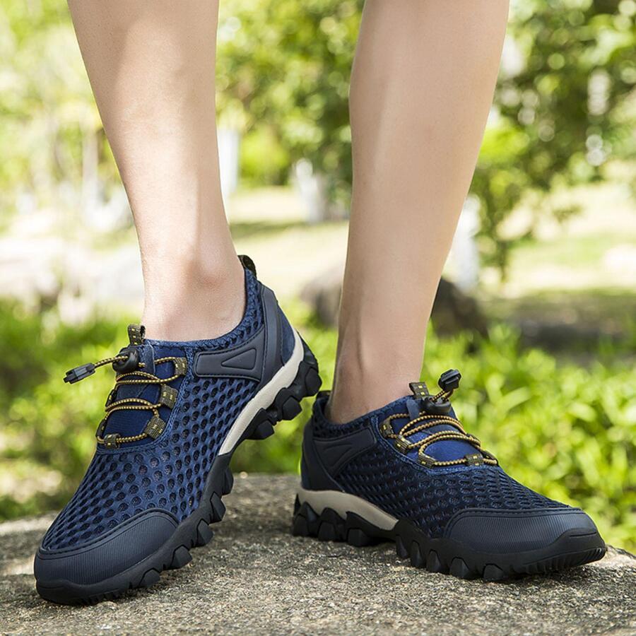 Men Breathable Color Block Drawstring Design Hiking Shoes, Sporty Outdoor Polyester Sneakers - Blue - View 1