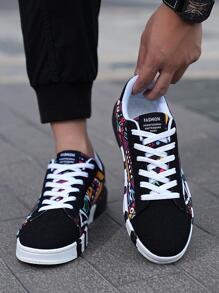 Men Geometric Pattern Lace-up Front Skate Shoes, Sporty Outdoor Sneakers - Black - View 6