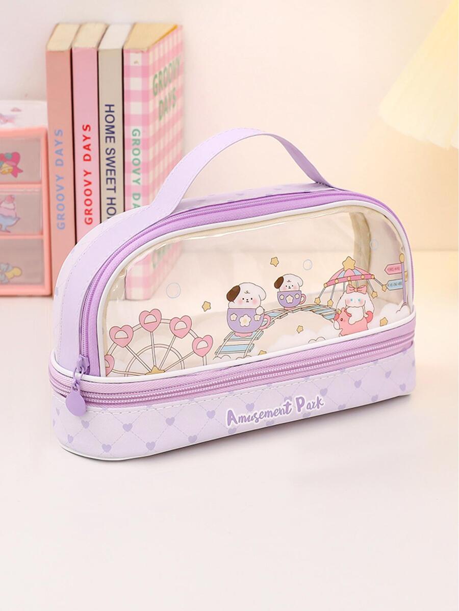 1入組紫色娛樂公園圖案筆袋,可愛卡通風格手持文具小袋 - 彩色 - 查看 1