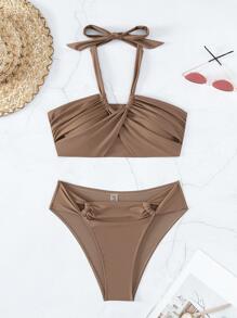 扭結掛脖比基尼泳裝 - 咖啡棕 - 查看 1