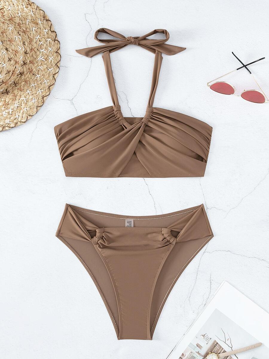 扭結掛脖比基尼泳裝 - 咖啡棕 - 查看 1