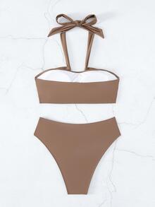 扭結掛脖比基尼泳裝 - 咖啡棕 - 查看 2