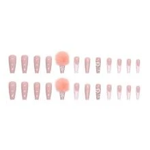 快遞你Love帶24入組長款棺材3D絨球裝飾全覆蓋假指甲成套工具 - 粉色 - 查看 3