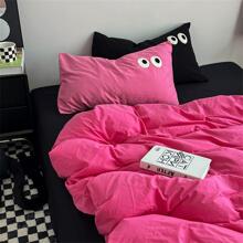 4 cái/bộ Khăn Thêu Và Bộ Vỏ Chăn Đồng Màu - Màu Hồng Tươi - Xem 1