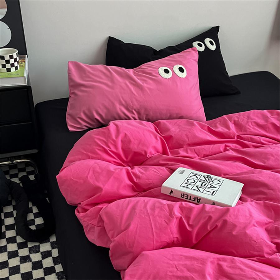 4 cái/bộ Khăn Thêu Và Bộ Vỏ Chăn Đồng Màu - Màu Hồng Tươi - Xem 1