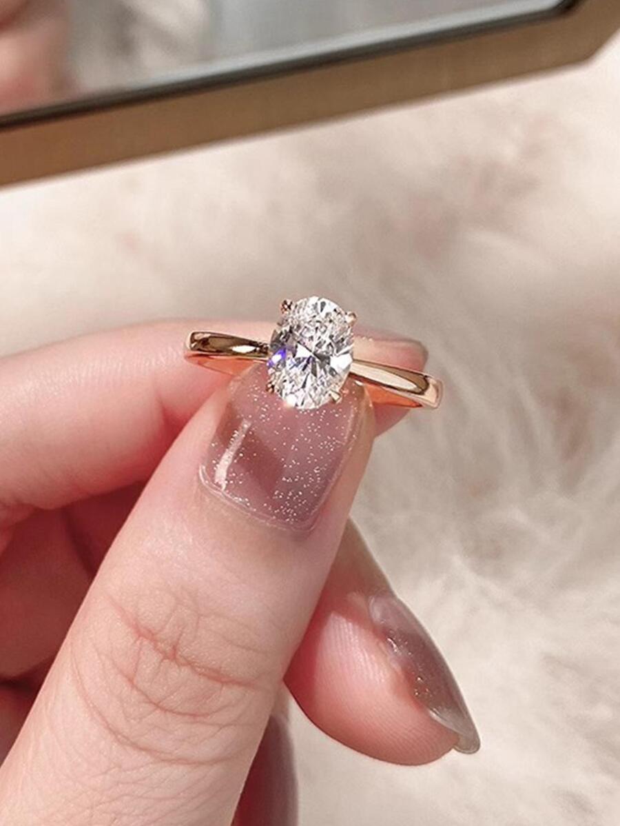 Nooxian 1 Chiếc Nhẫn Trang Trí Hình Bầu Dục Đính Đá Cubic Zirconia Tinh Tế Cho Nữ Làm Quà Tặng - Vàng - Xem 1