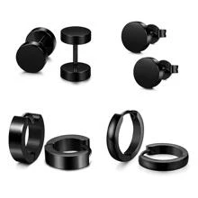 4 đôi bông tai Huggie hình vòng tròn bằng thép không gỉ Punk đơn giản cho nam và nữ - màu đen - Xem 4