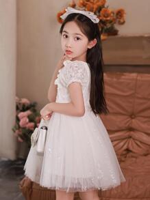 Vestido acampanado de encaje de manga corta para niñas preadolescentes para fiesta de cumpleaños, boda, vestido blanco con flores brillantes - Blanco - Ver 5