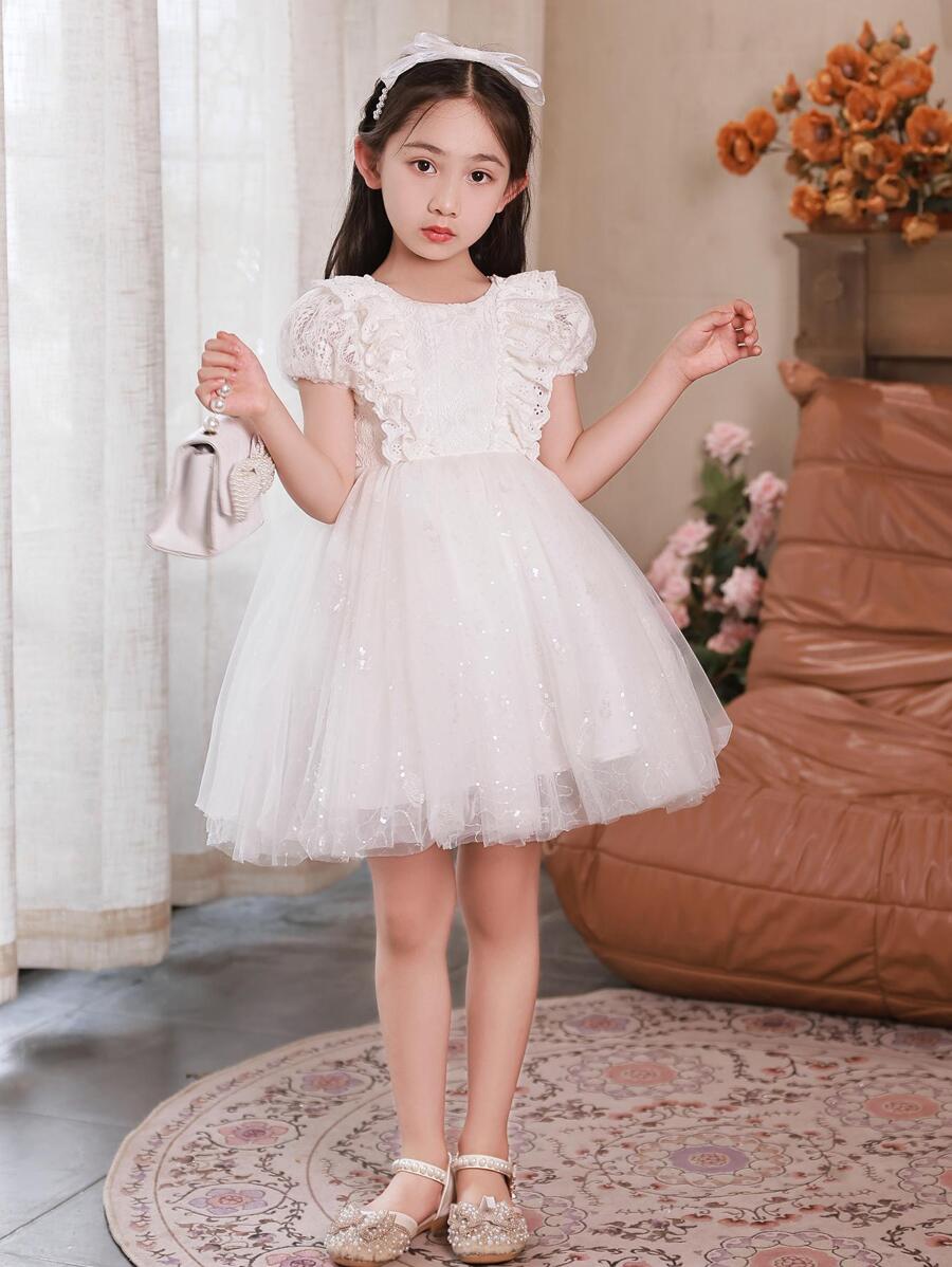 Vestido acampanado de encaje de manga corta para niñas preadolescentes para fiesta de cumpleaños, boda, vestido blanco con flores brillantes - Blanco - Ver 1