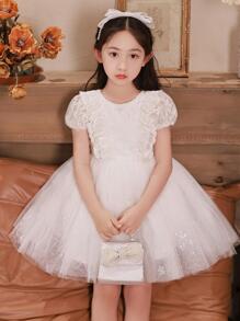 Vestido acampanado de encaje de manga corta para niñas preadolescentes para fiesta de cumpleaños, boda, vestido blanco con flores brillantes - Blanco - Ver 2