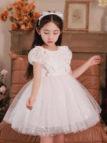 Vestido acampanado de encaje de manga corta para niñas preadolescentes para fiesta de cumpleaños, boda, vestido blanco con flores brillantes - Blanco - Ver 3