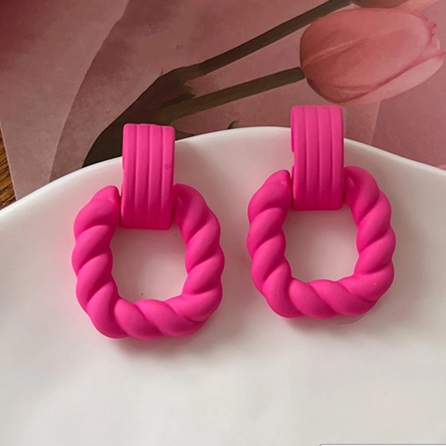 2 cái/bộ Dây Xoắn Màu Hồng & Bông Tai Vòng Nhựa - Màu Hồng Tươi - Xem 1