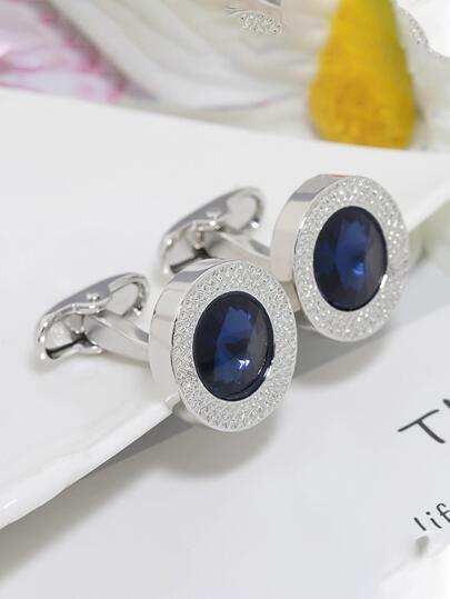 Gemelos redondos con decoración de gemas azules a la moda para hombre, 2 piezas, para decoración diaria, para un aspecto elegante