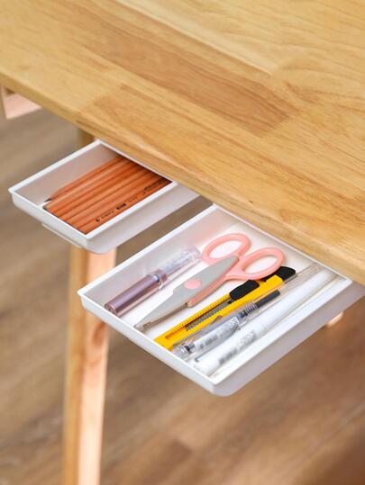 1pc White Under Desk Pencil Holder, Simple & Practical, Non-Drilling Adhesive Small Drawer Organizer For Office Desk Supplies Storage Back To School