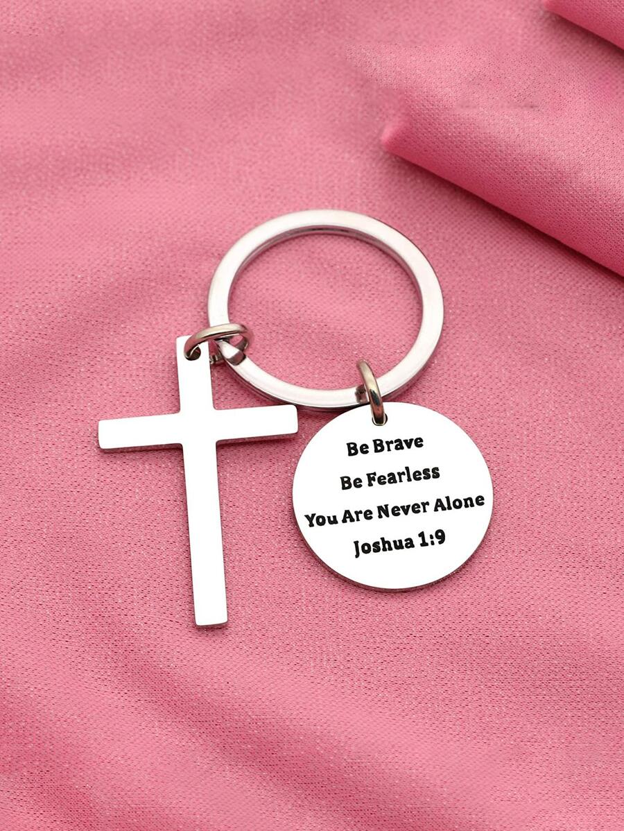 標語圖案交叉和圓形吊飾鑰匙圈 - 銀色 - 查看 1