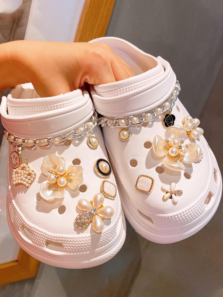 14入組女士DIY卡通3D人造珍珠花鞋夾子適用於洞鞋時尚配件