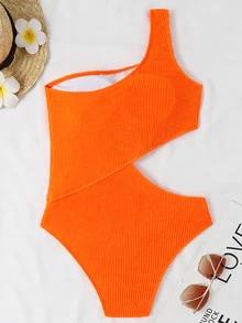 Traje de baño de una pieza con diseño de corte texturizado en un hombro, traje de baño de playa de verano - Naranja - Ver 3