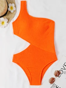 Traje de baño de una pieza con diseño de corte texturizado en un hombro, traje de baño de playa de verano - Naranja - Ver 2