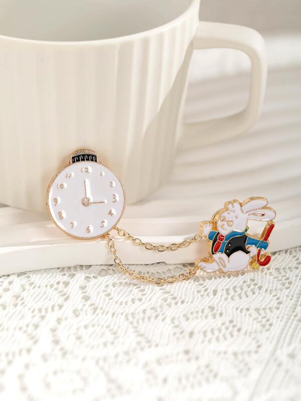 1 Set Alice In Wonderland Rabbit Clock Brooch, Daily Outfit Chain Brooch, Party Couple Metal Badge Gift, Versatile Clothing Backpack Accessory Gift