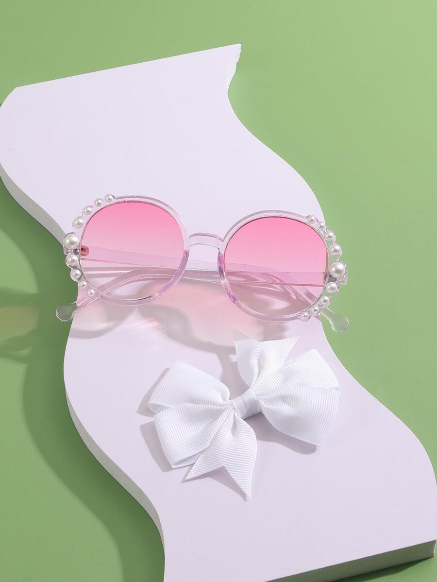 1雙女孩人造珍珠裝飾圓框波西m亞太陽眼鏡&1入組蝴蝶結裝飾髮夾適用於日常生活 - 粉色 - 查看 1