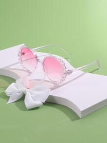 1雙女孩人造珍珠裝飾圓框波西m亞太陽眼鏡&1入組蝴蝶結裝飾髮夾適用於日常生活 - 粉色 - 查看 3