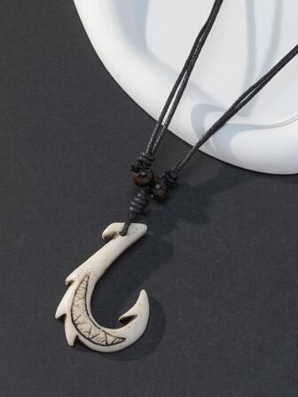 1pc Men's Simple Classic Vintage Fish Hook Pendant Elastic Woven Necklace