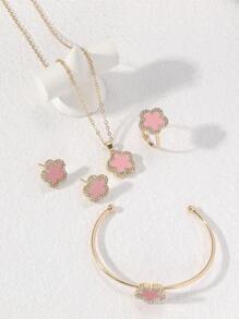 5 chiếc Bộ trang sức nữ thiết kế hoa Rhinestone & khảm sang trọng - Hồng - Xem 2